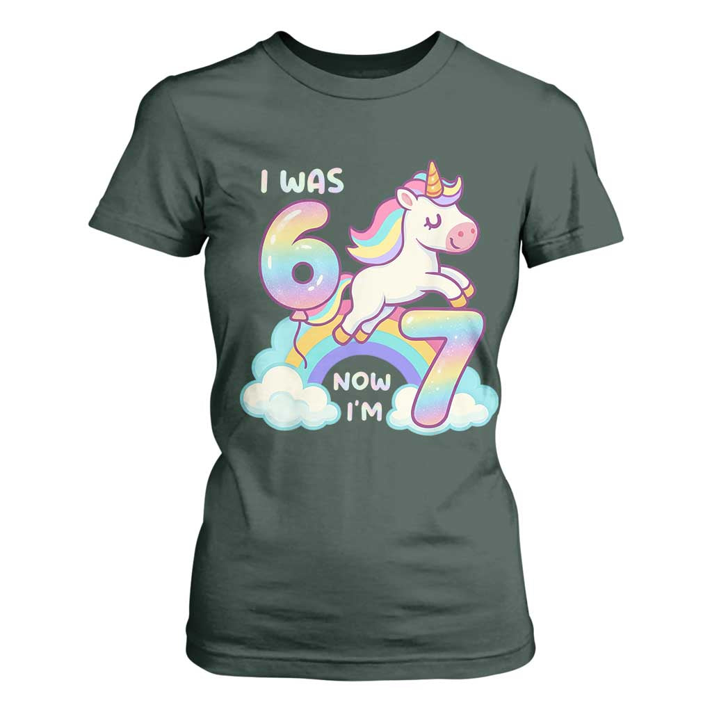 Funny Unicorn I Was 6 Now I Am 7 T Shirt For Women Girl Seventh Birthday Gift TS12 Dark Forest Green Print Your Wear