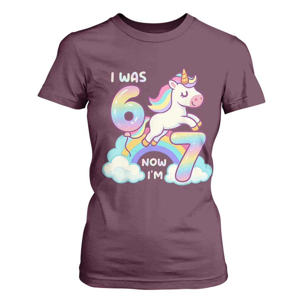 Funny Unicorn I Was 6 Now I Am 7 T Shirt For Women Girl Seventh Birthday Gift TS12 Maroon Print Your Wear