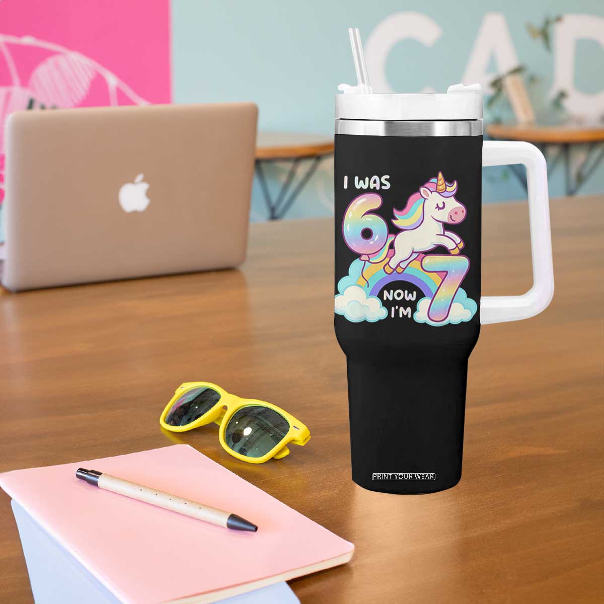 Funny Unicorn I Was 6 Now I Am 7 Tumbler With Handle Girl Seventh Birthday Gift TS12 Print Your Wear