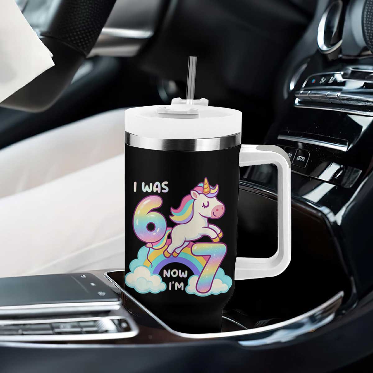 Funny Unicorn I Was 6 Now I Am 7 Tumbler With Handle Girl Seventh Birthday Gift TS12 Print Your Wear