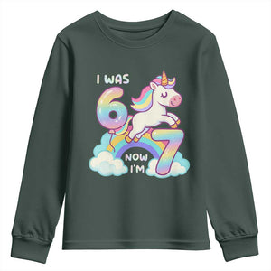 Funny Unicorn I Was 6 Now I Am 7 Youth Sweatshirt Girl Seventh Birthday Gift TS12 Dark Forest Green Print Your Wear