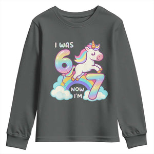 Funny Unicorn I Was 6 Now I Am 7 Youth Sweatshirt Girl Seventh Birthday Gift TS12 Dark Heather Print Your Wear