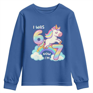 Funny Unicorn I Was 6 Now I Am 7 Youth Sweatshirt Girl Seventh Birthday Gift TS12 Royal Blue Print Your Wear