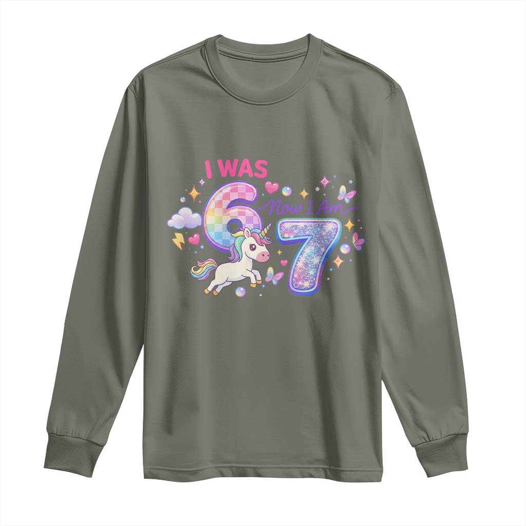 I Was 6 Now I Am 7 Long Sleeve Shirt Funny Birthday Alpha Kids TS12 Military Green Print Your Wear