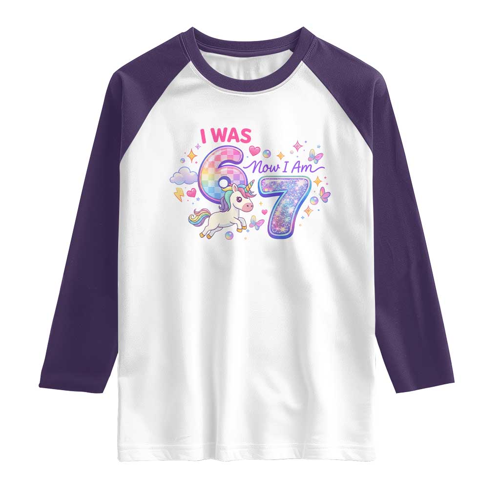I Was 6 Now I Am 7 Raglan Shirt Funny Birthday Alpha Kids TS12 White Purple Print Your Wear