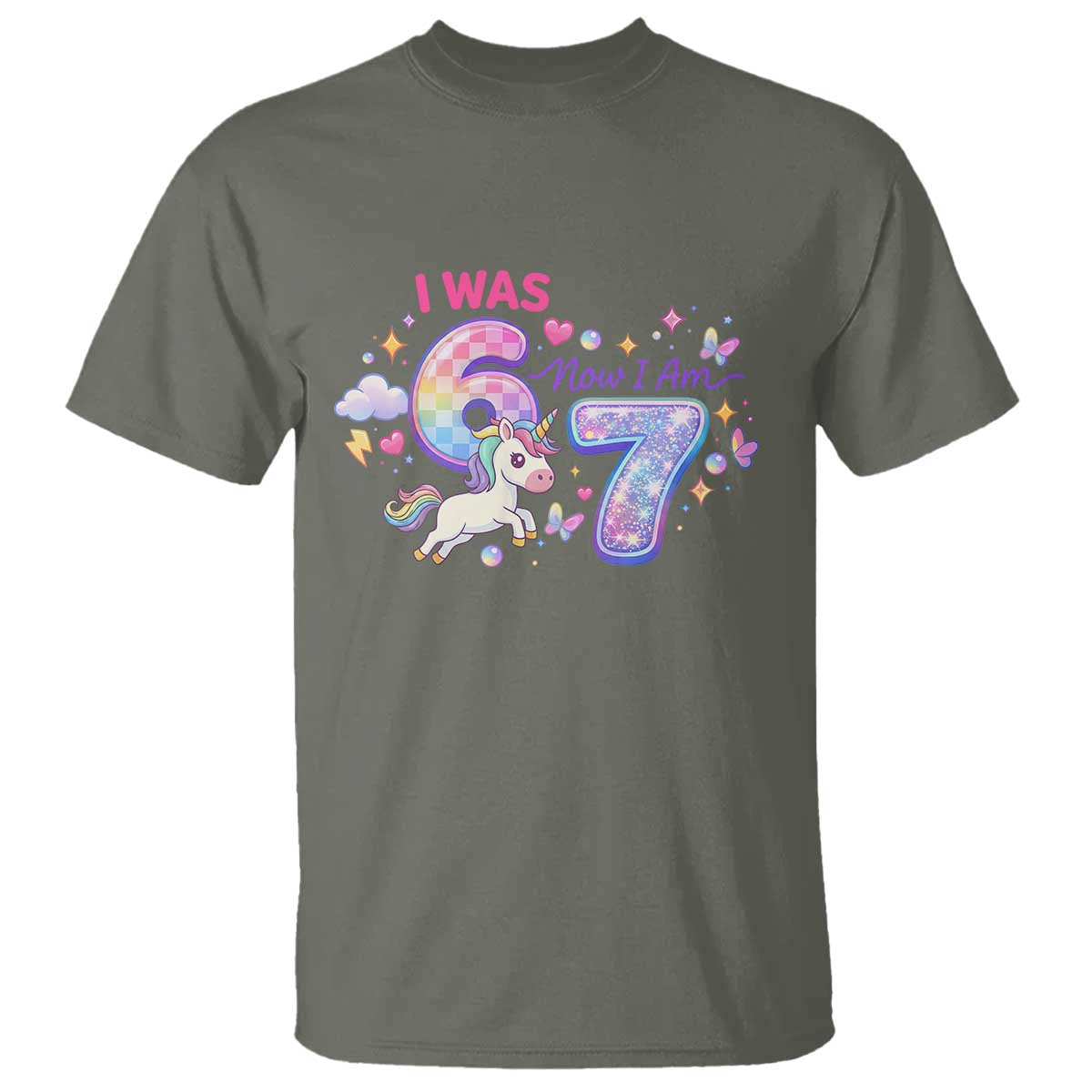 I Was 6 Now I Am 7 T Shirt Funny Birthday Alpha Kids TS12 Military Green Print Your Wear