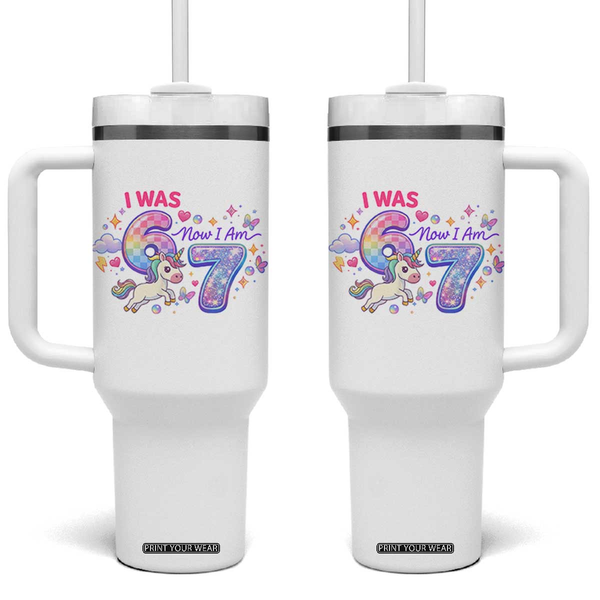 I Was 6 Now I Am 7 Tumbler With Handle Funny Birthday Alpha Kids TS12 One Size: 40 oz White Print Your Wear