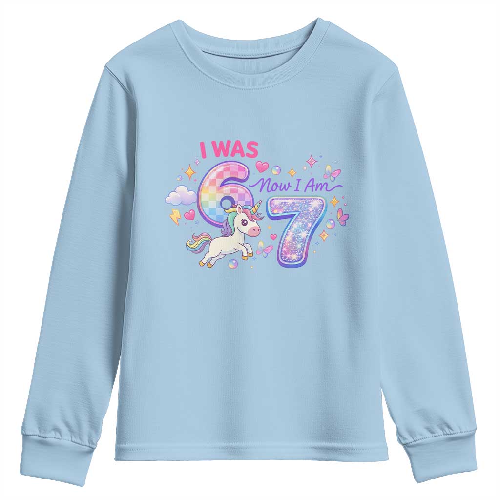 I Was 6 Now I Am 7 Youth Sweatshirt Funny Birthday Alpha Kids TS12 Light Blue Print Your Wear