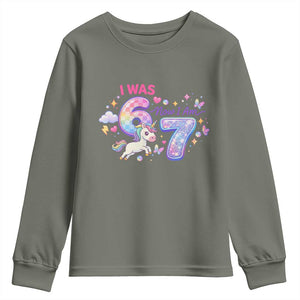 I Was 6 Now I Am 7 Youth Sweatshirt Funny Birthday Alpha Kids TS12 Military Green Print Your Wear