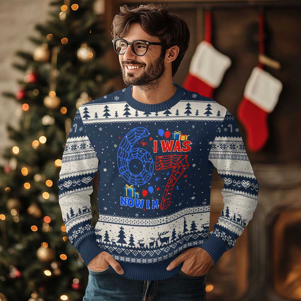 Spider Boy I Was 6 Now I Am 7 Ugly Christmas Sweater Seventh Birthday Gift TS12 Navy Beige Print Your Wear