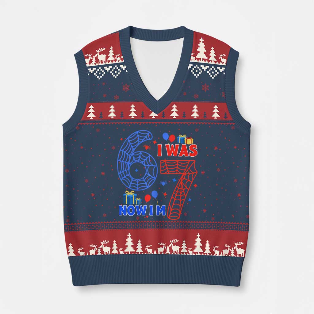 Spider Boy I Was 6 Now I Am 7 V-Neck Knit Sweater Vest Seventh Birthday Gift TS12 Navy Red Print Your Wear
