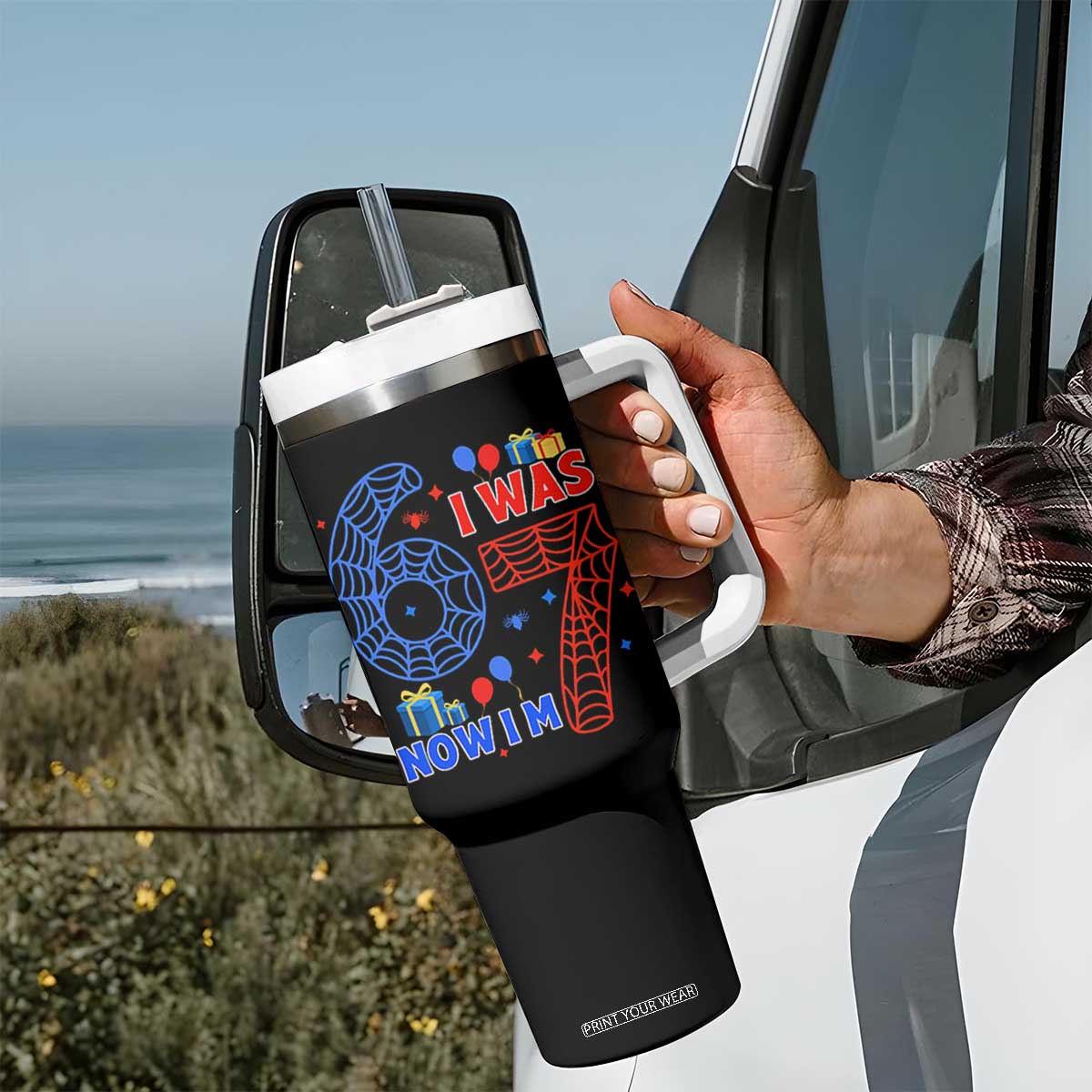 Spider Boy I Was 6 Now I Am 7 Tumbler With Handle Seventh Birthday Gift TS12 Print Your Wear