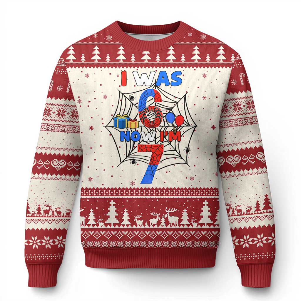 I Was 6 Now I Am 7 Ugly Christmas Sweater Spider Themed Birthday Boy TS12 Beige Red Print Your Wear