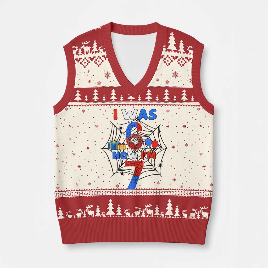 I Was 6 Now I Am 7 V-Neck Knit Sweater Vest Spider Themed Birthday Boy TS12 Beige Red Print Your Wear