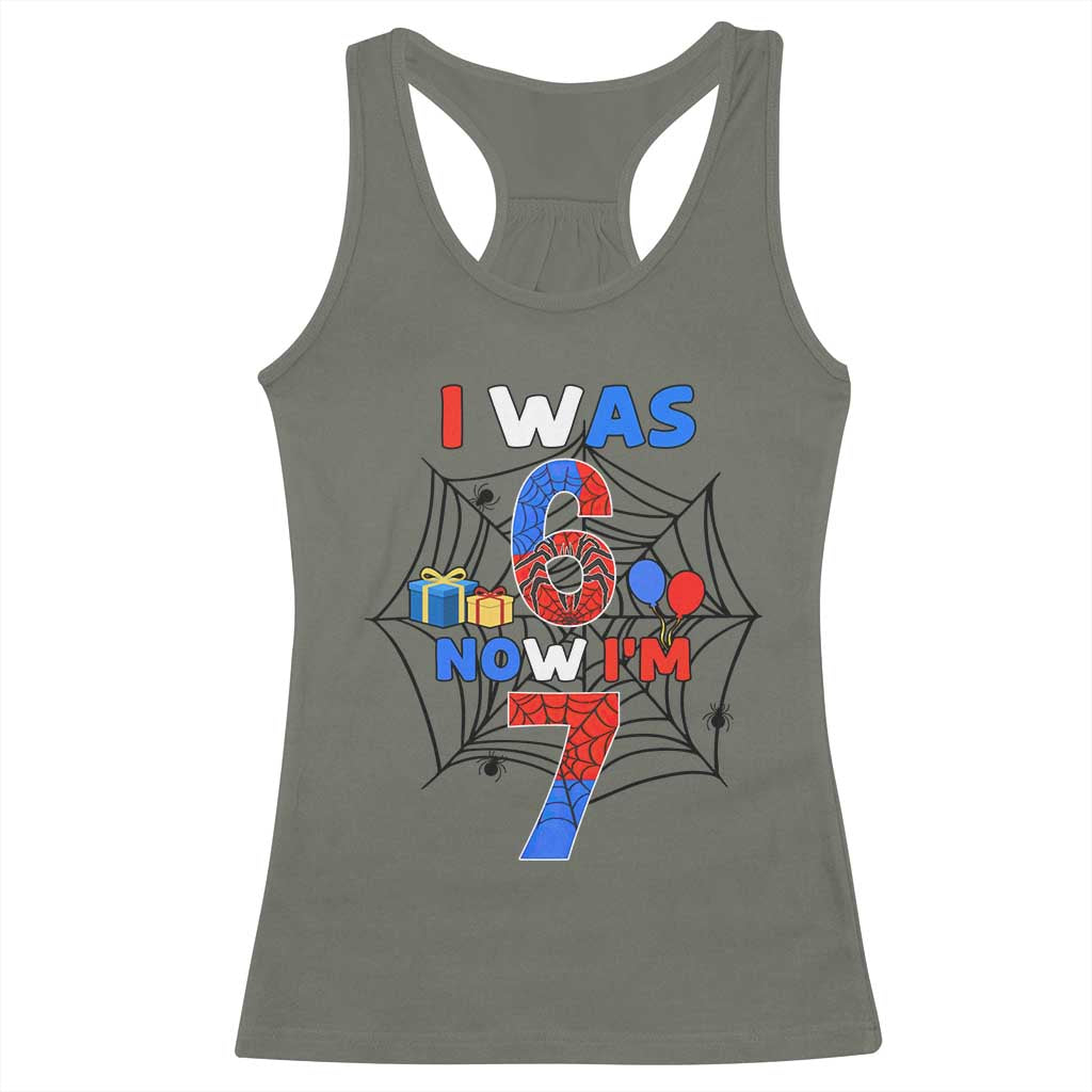 I Was 6 Now I Am 7 Racerback Tank Top Spider Themed Birthday Boy TS12 Military Green Print Your Wear