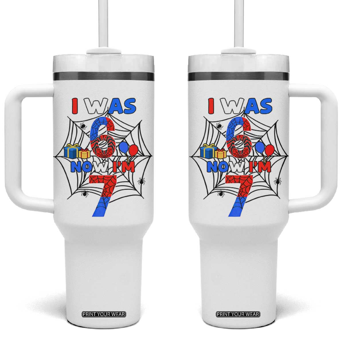 I Was 6 Now I Am 7 Tumbler With Handle Spider Themed Birthday Boy TS12 One Size: 40 oz White Print Your Wear