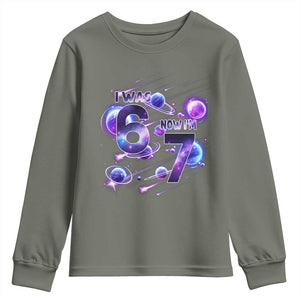 Funny Galaxy Space Birthday Youth Sweatshirt I Was Six Now I Am Seven TS12 Military Green Print Your Wear