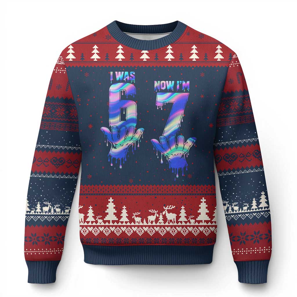 Funny I Was 6 Now I Am 7 Ugly Christmas Sweater Iridescent Effect Printed Kids Birthday TS12 Navy Red Print Your Wear