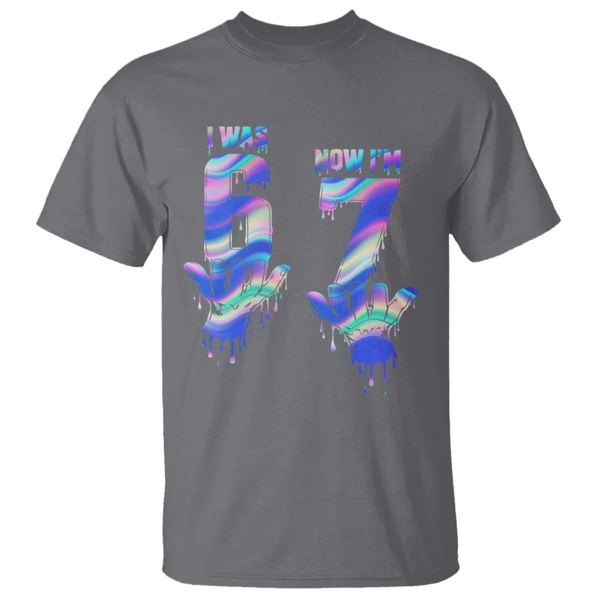 Funny I Was 6 Now I Am 7 T Shirt Iridescent Effect Printed Kids Birthday TS12 Charcoal Print Your Wear