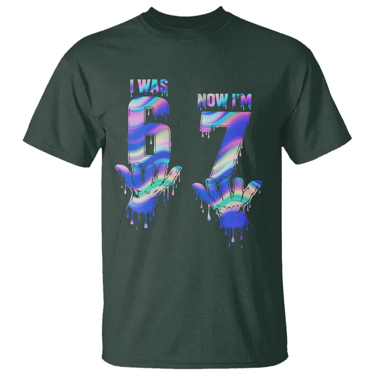 Funny I Was 6 Now I Am 7 T Shirt Iridescent Effect Printed Kids Birthday TS12 Dark Forest Green Print Your Wear