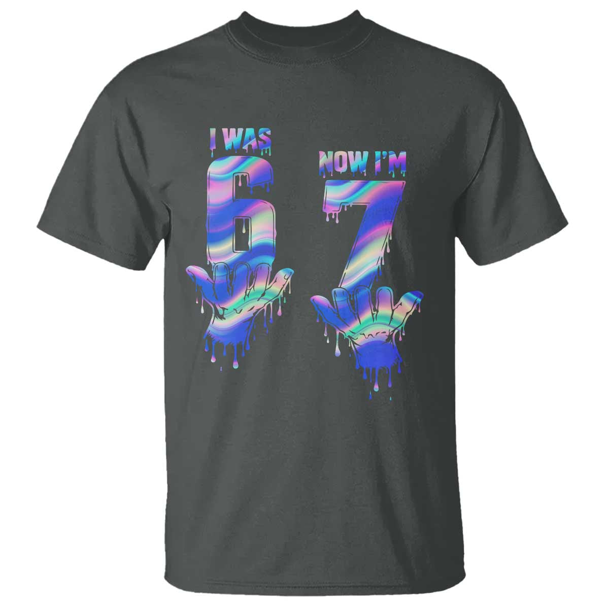 Funny I Was 6 Now I Am 7 T Shirt Iridescent Effect Printed Kids Birthday TS12 Dark Heather Print Your Wear