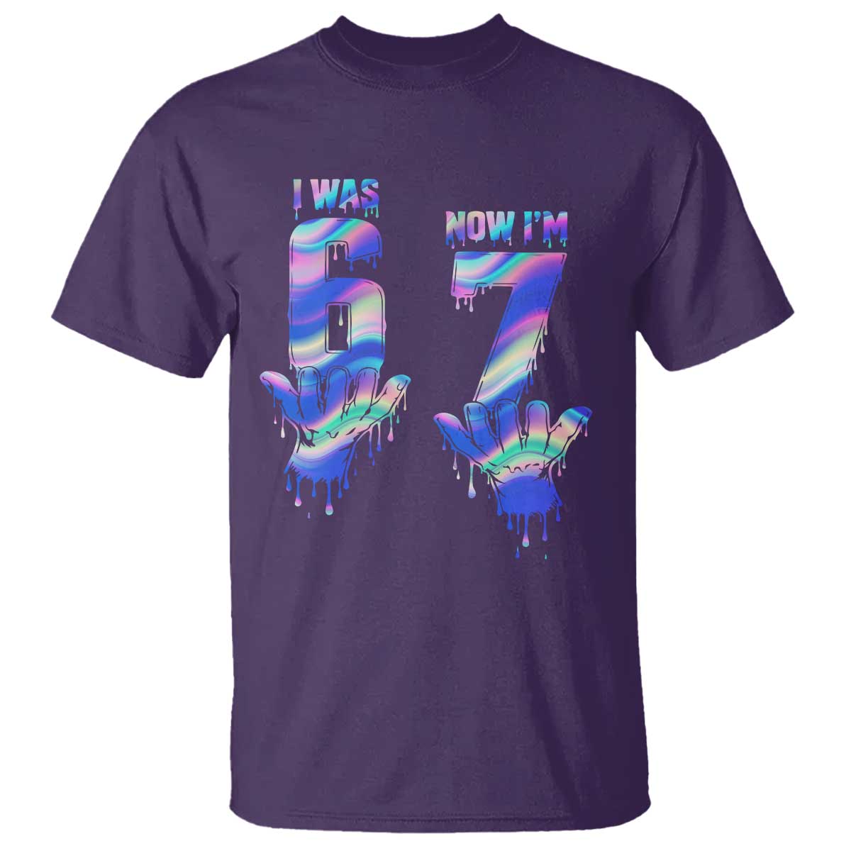 Funny I Was 6 Now I Am 7 T Shirt Iridescent Effect Printed Kids Birthday TS12 Purple Print Your Wear