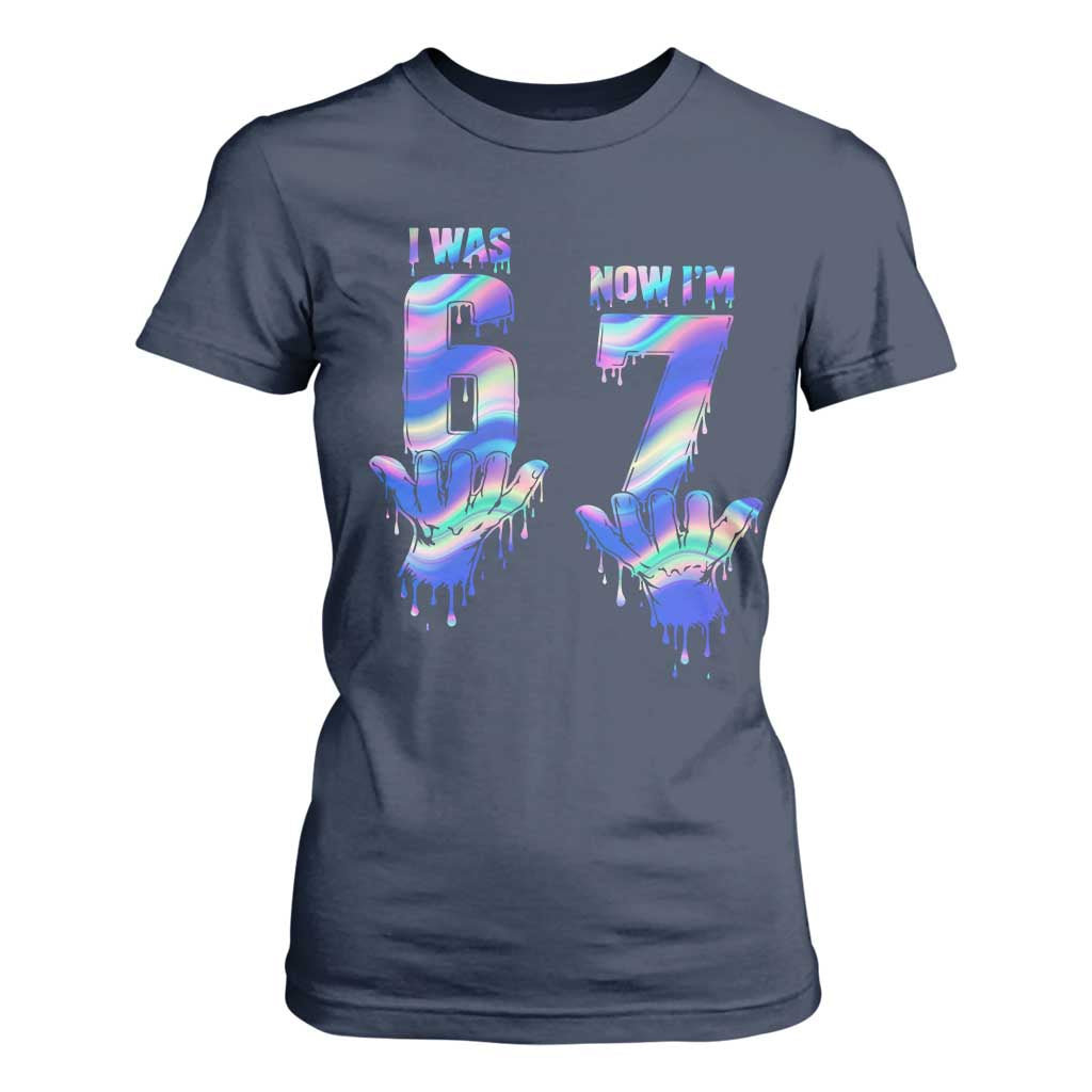 Funny I Was 6 Now I Am 7 T Shirt For Women Iridescent Effect Printed Kids Birthday TS12 Navy Print Your Wear