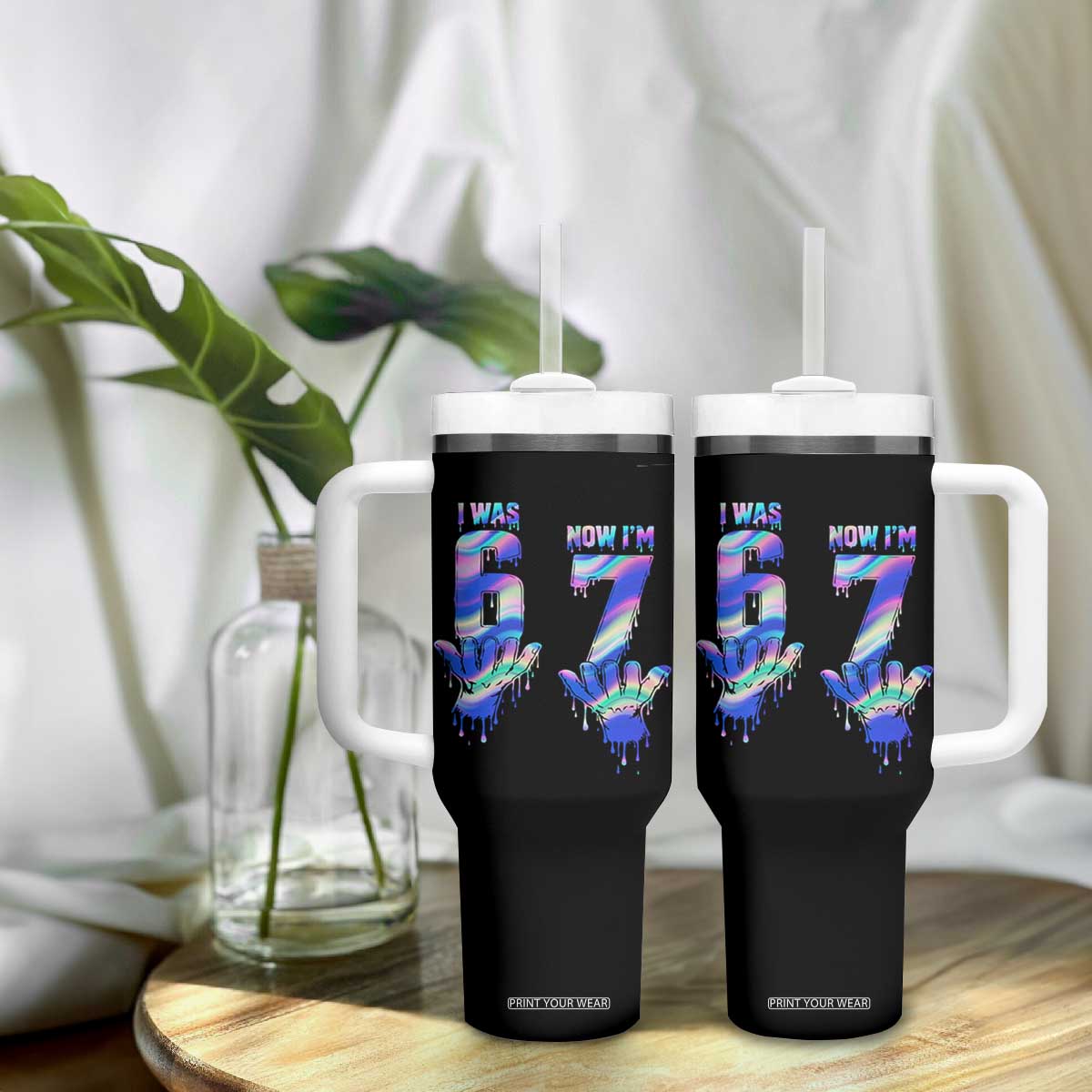 Funny I Was 6 Now I Am 7 Tumbler With Handle Iridescent Effect Printed Kids Birthday TS12 Print Your Wear