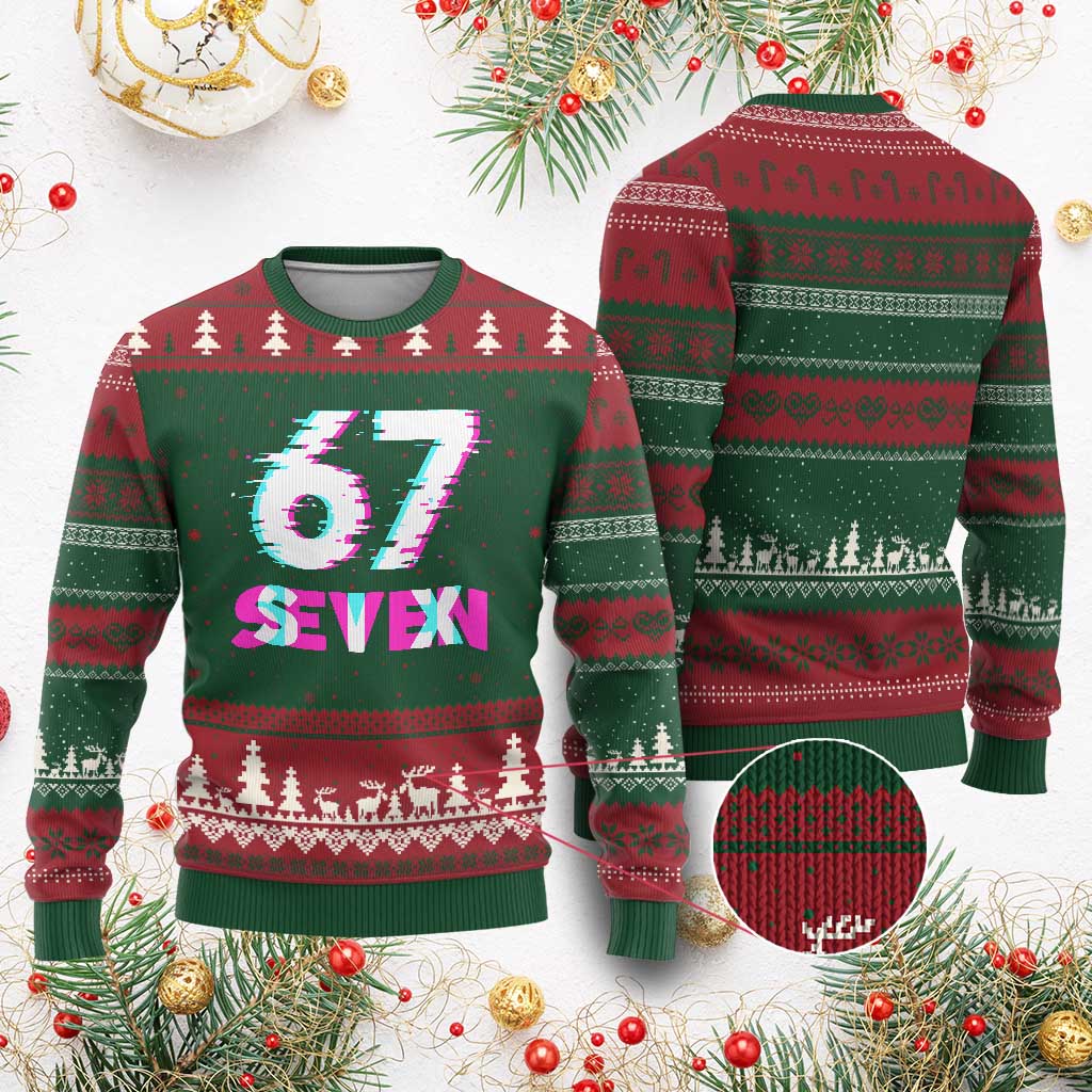 Glitch Optical Illusion Six Seven Meme Ugly Christmas Sweater Gen Alpha Slang Gift TS12 Red Green Print Your Wear
