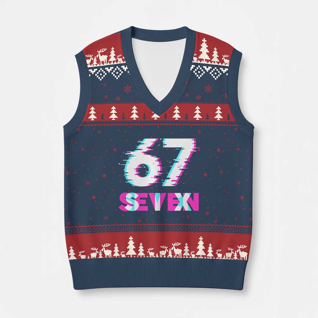 Glitch Optical Illusion Six Seven Meme V-Neck Knit Sweater Vest Gen Alpha Slang Gift TS12 Navy Red Print Your Wear