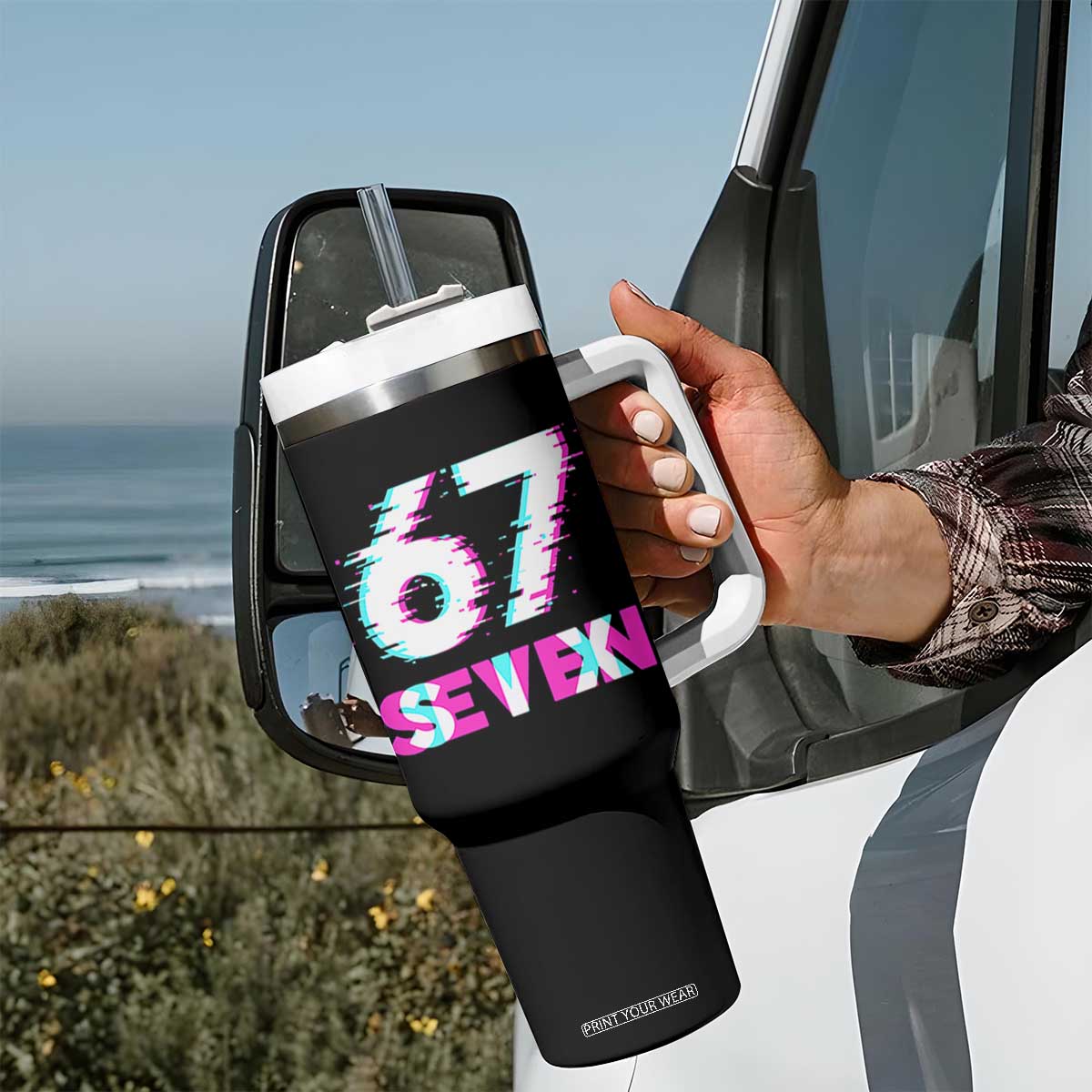 Glitch Optical Illusion Six Seven Meme Tumbler With Handle Gen Alpha Slang Gift TS12 Print Your Wear