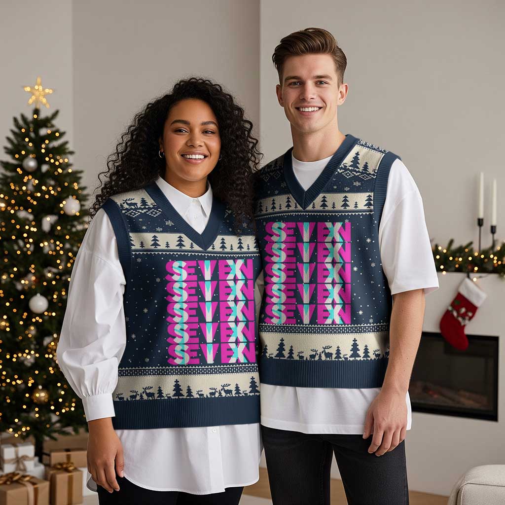 Six Seven Glitch Optical Illusion Meme V-Neck Knit Sweater Vest Funny Gen Z Alpha Gift TS12 Navy Beige Print Your Wear