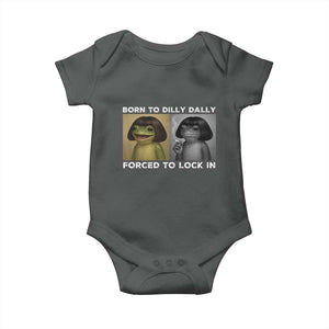 Funny Frog Bob Haircut Baby Onesie Born To Dilly Dally Forced To Lock In TS12 Dark Heather Print Your Wear