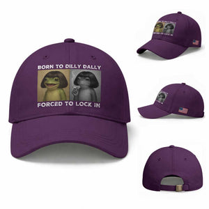 Funny Frog Bob Haircut Baseball Cap Born To Dilly Dally Forced To Lock In TS12 Baseball Cap Universal Fit Purple Print Your Wear