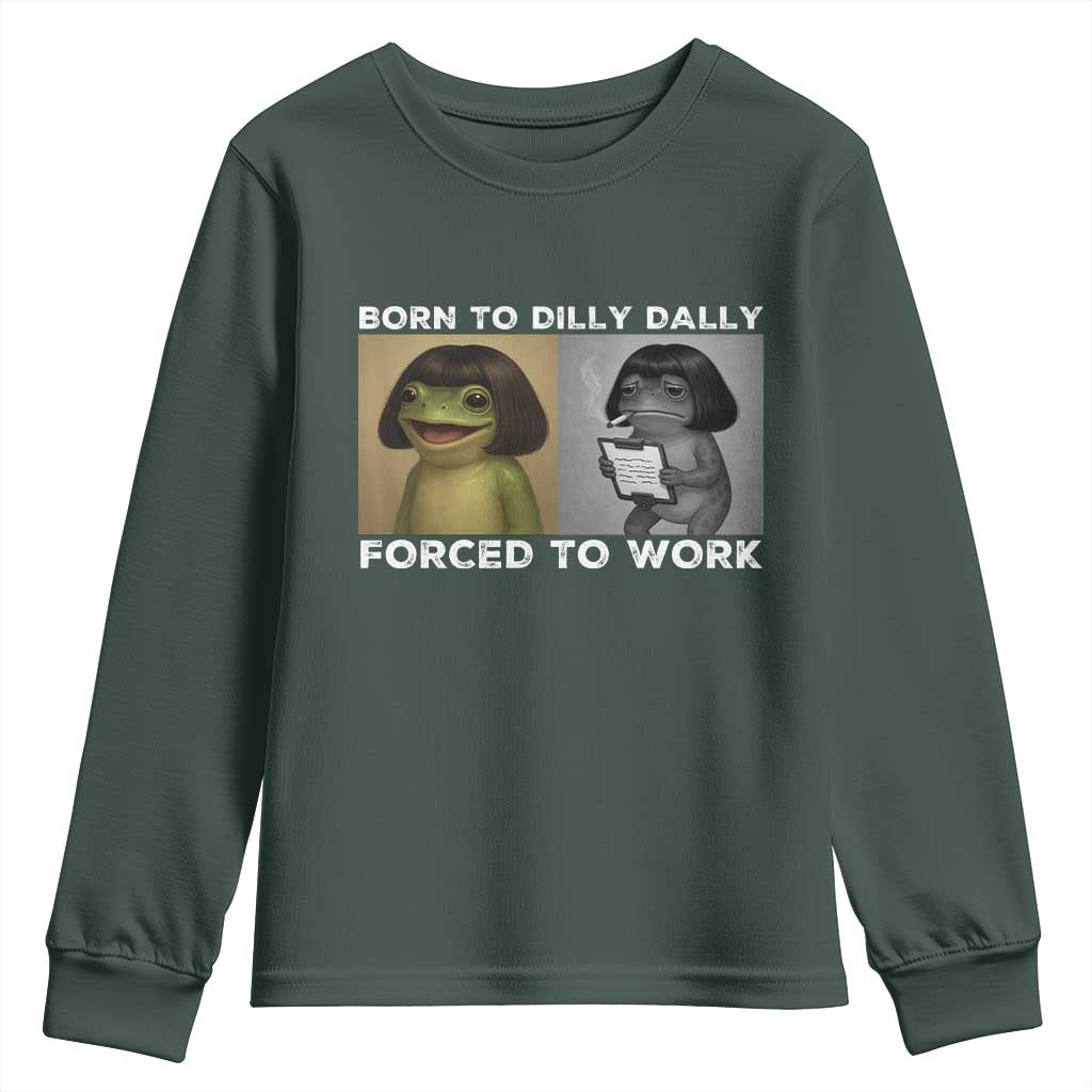 Funny Frog Meme Youth Sweatshirt Dilly Dally Lock In Meme TS12 Dark Forest Green Print Your Wear