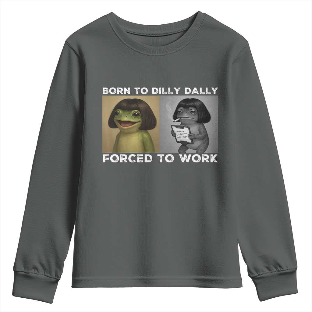 Funny Frog Meme Youth Sweatshirt Dilly Dally Lock In Meme TS12 Dark Heather Print Your Wear