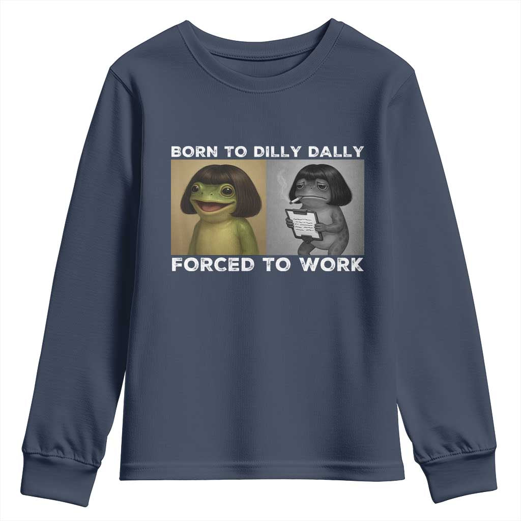 Funny Frog Meme Youth Sweatshirt Dilly Dally Lock In Meme TS12 Navy Print Your Wear