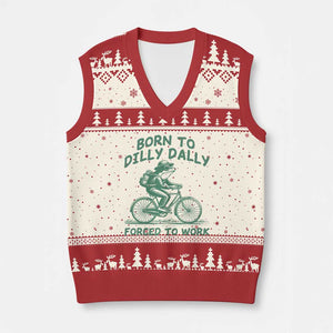 Born To Dilly Dally Forced To Work V-Neck Knit Sweater Vest Funny Frog Meme TS12 Beige Red Print Your Wear