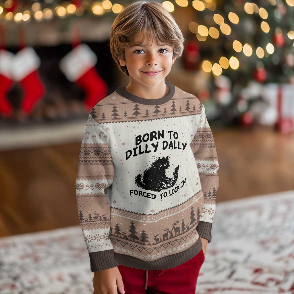 Funny Black Cat Ugly Christmas Sweater Born To Dilly Dally Forced To Lock In TS12 Mocha Mousse Print Your Wear