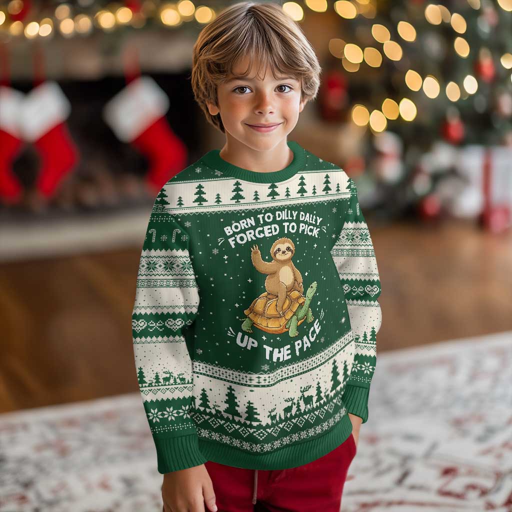 Funny Sloth Riding Turtle Ugly Christmas Sweater Born To Dilly Dally Forced To Pick Up The Pace TS12 Forest Green Beige Print Your Wear