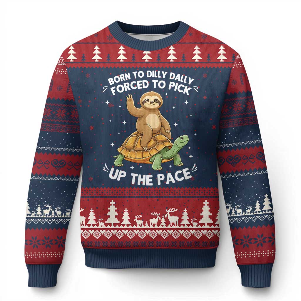 Funny Sloth Riding Turtle Ugly Christmas Sweater Born To Dilly Dally Forced To Pick Up The Pace TS12 Navy Red Print Your Wear