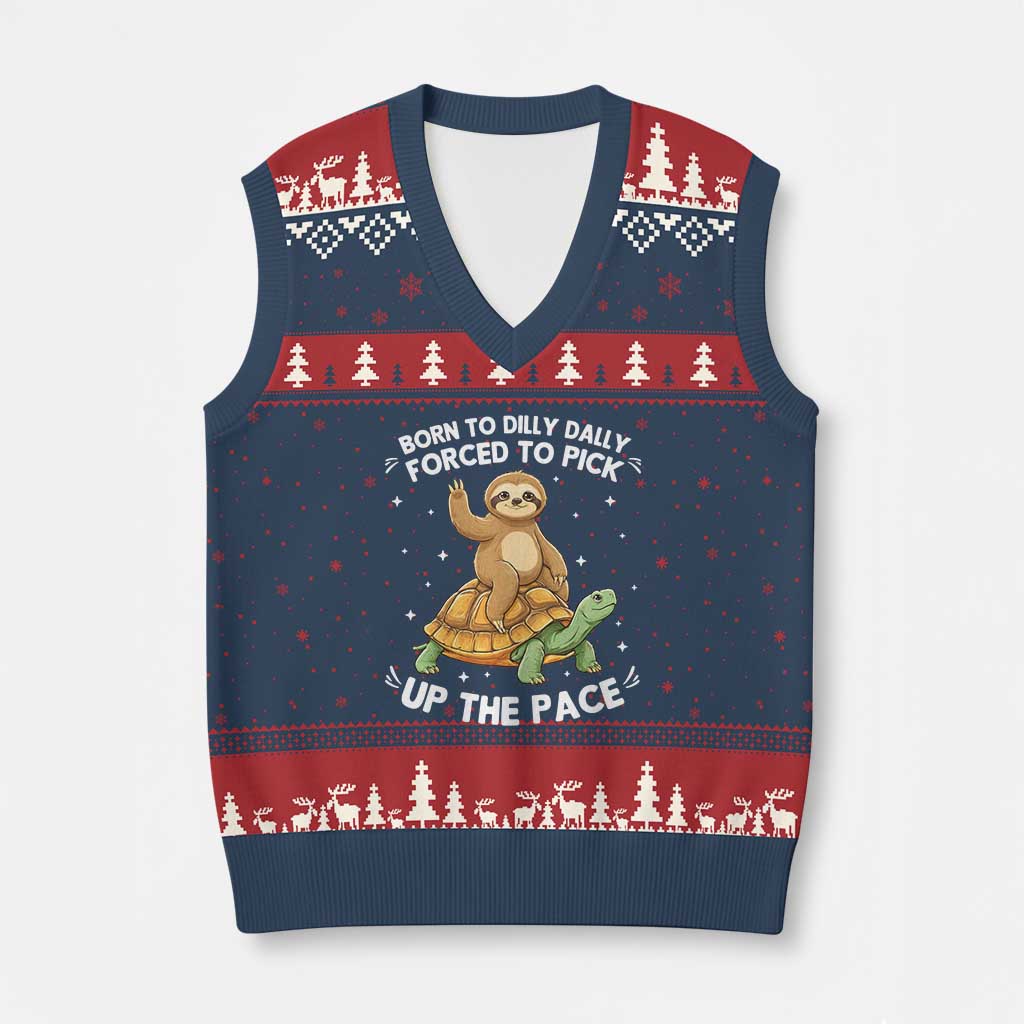 Funny Sloth Riding Turtle V-Neck Knit Sweater Vest Born To Dilly Dally Forced To Pick Up The Pace TS12 Navy Red Print Your Wear