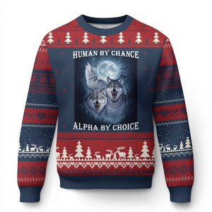 Human By Chance Alpha By Choice Ugly Christmas Sweater Funny Alpha Wolf Meme TS12 Navy Red Print Your Wear