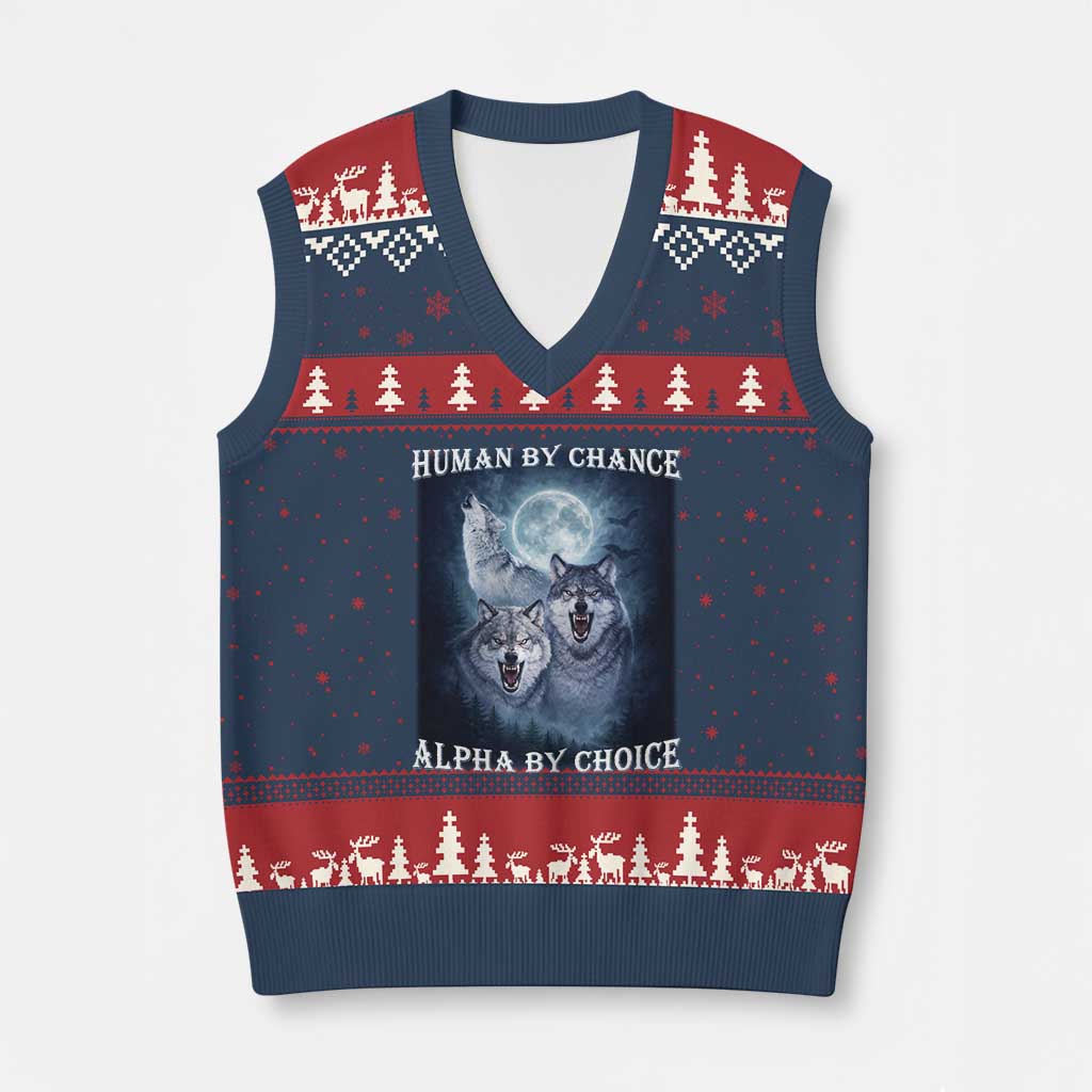 Human By Chance Alpha By Choice V-Neck Knit Sweater Vest Funny Alpha Wolf Meme TS12 Navy Red Print Your Wear