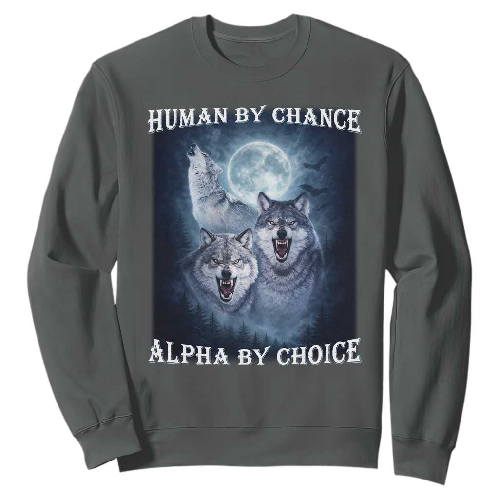 Human By Chance Alpha By Choice Sweatshirt Funny Alpha Wolf Meme TS12 Dark Heather Print Your Wear