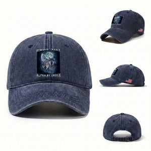 Human By Chance Alpha By Choice Washed Cotton Baseball Cap Funny Alpha Wolf Meme TS12 Washed Cap Universal Fit Navy Print Your Wear