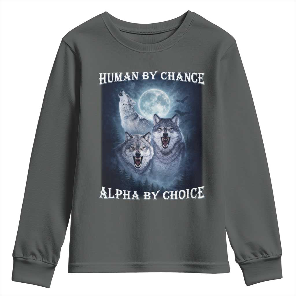 Human By Chance Alpha By Choice Youth Sweatshirt Funny Alpha Wolf Meme TS12 Dark Heather Print Your Wear