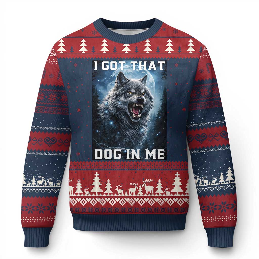 Funny Werewolf Meme Unhinged Ugly Christmas Sweater I Got That Dog In Me TS12 Navy Red Print Your Wear