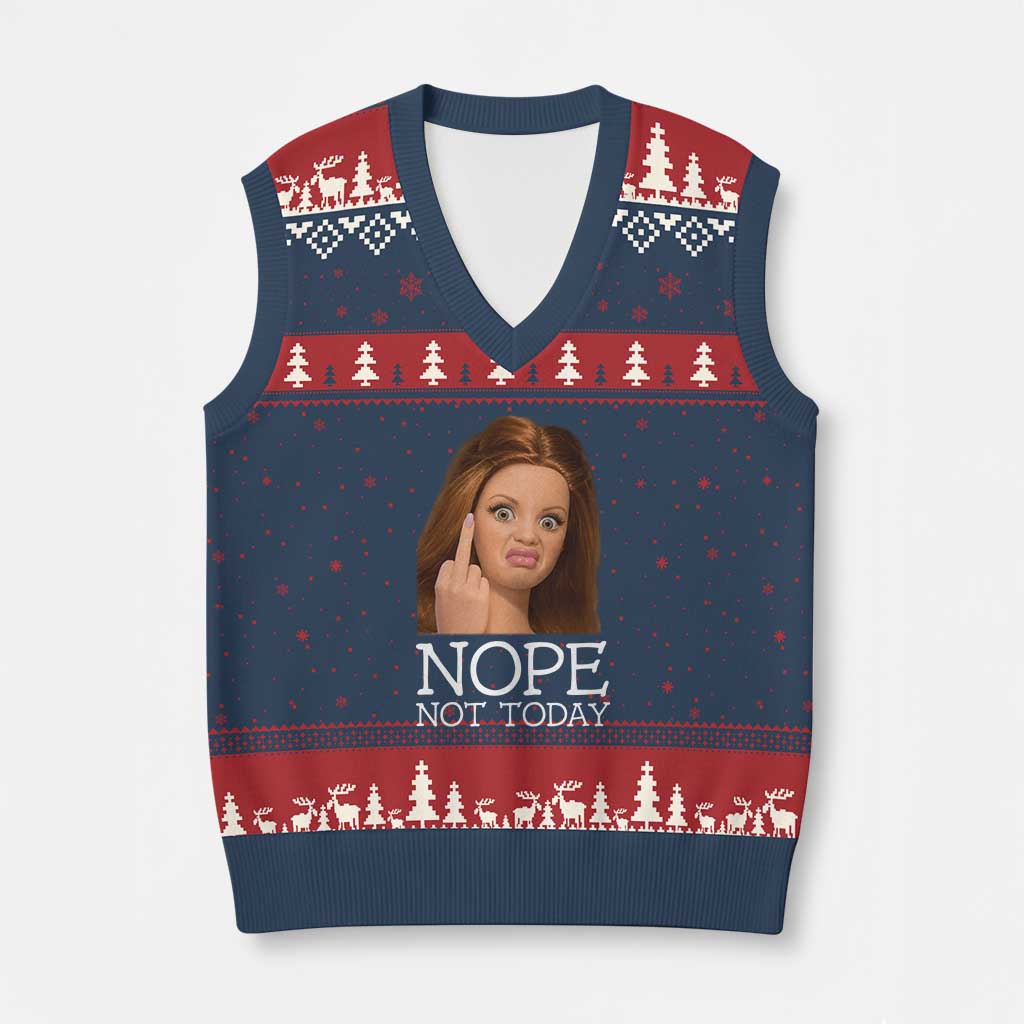 Funny Doll Face Disgusted V-Neck Knit Sweater Vest Nope Not Today Meme TS12 Navy Red Print Your Wear