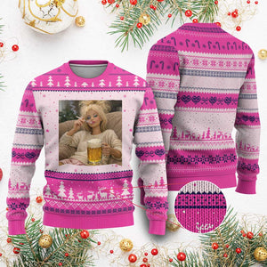 Funny Smoking And Drinking Doll Meme Ugly Christmas Sweater Weekend Relaxation TS12 Hot Pink Print Your Wear